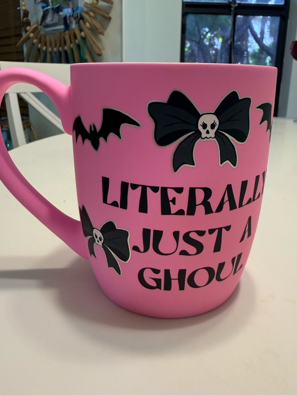COBWEBS & CAULDRONS Halloween Mug bright pink with black bow/skull/bat
